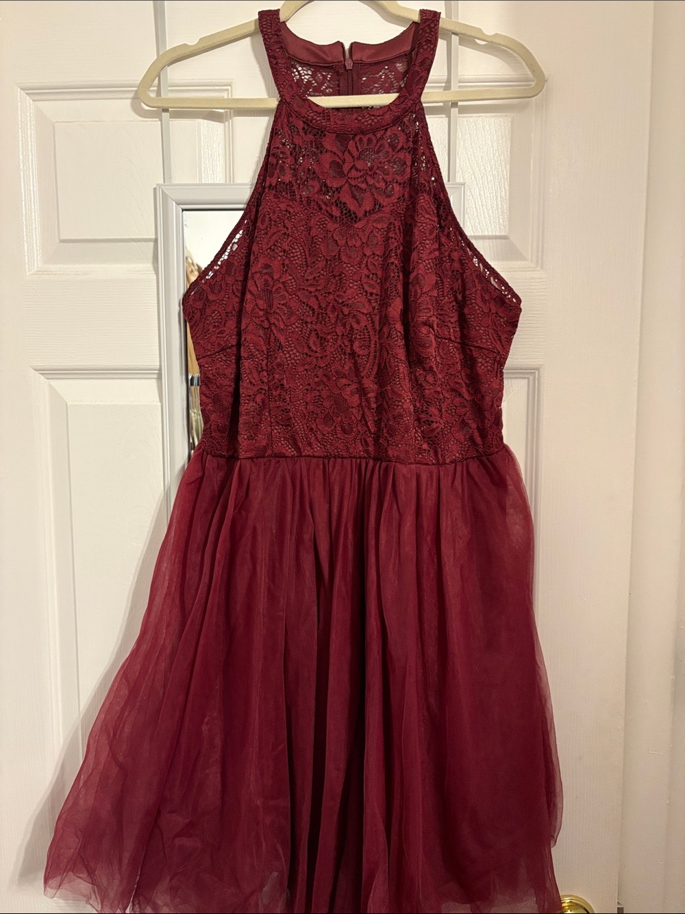 Lace Halter Burgundy Tulle Prom Dress Fits XL Pit to Pit 23 inches